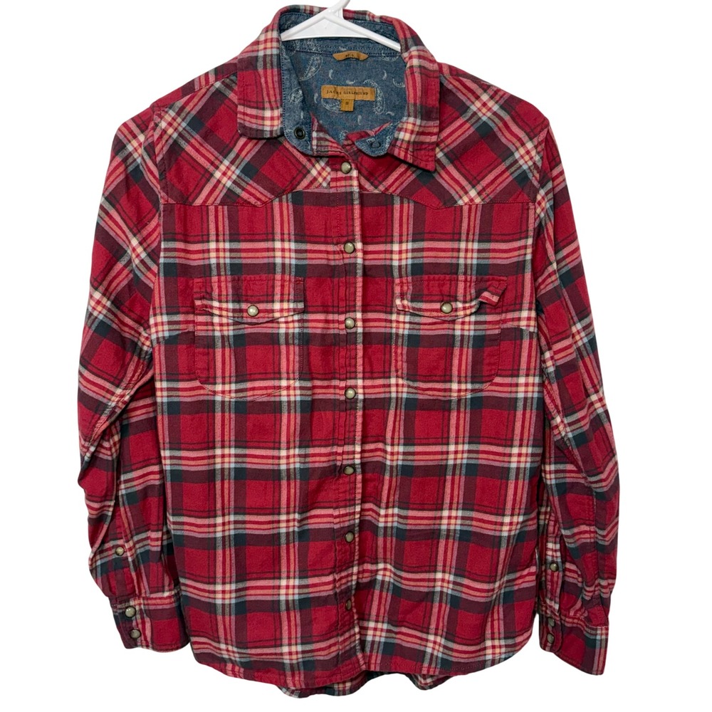 Jachs Girlfriend Red Plaid Pearl Snap Western Flannel Shirt Womens S Cotton BEA